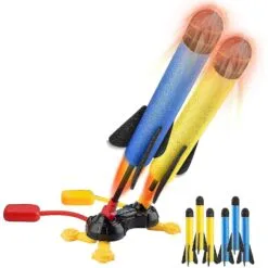 Toy Rocket Launcher For Kids Fun Outdoor Toys For Kids Sturdy Launcher Stand With 2 Foot Launch Pads & 6 Colorful Foam Rockets Ideal For 4 5 6 7 8